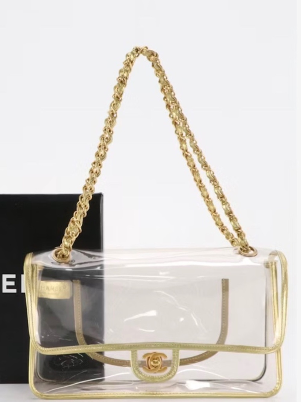 Chanel Medium Single Flap Chain Shoulder Bag in Clear PVC and Gold Leather